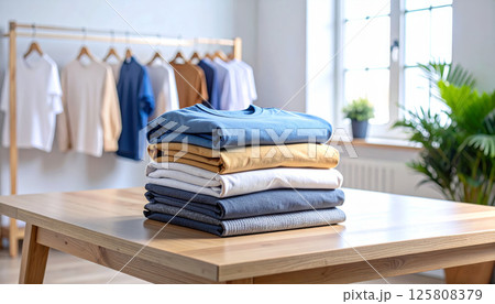 Folded neutral colored t shirts stacked on wooden table, with clothing rack in background displaying various shirts. scene conveys sense of organization and style 125808379