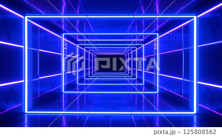vibrant tunnel illuminated with blue and magenta neon lights creates mesmerizing, retro inspired atmosphere. glowing reflections enhance dreamy, surreal experience of this space vibrant tunnel illuminated with blue and magenta neon lights creates mesmerizing, retro inspired atmosphere. glowing reflections enhance dreamy, surreal experience of this space 125808562