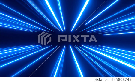 Futuristic blue light rays create mesmerizing effect, resembling motion blur beams traveling at light speed through dark space. This captivating visual evokes sense of wonder and excitement 125808743