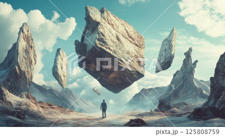 A lone man stands beneath massive floating rocks in a surreal mountain landscape filled with light and mystery AI generated 125808759