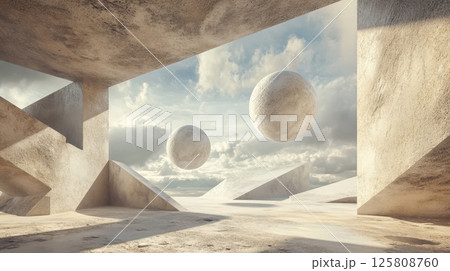 Geometric concrete structures and floating spheres create a surreal architectural space under a cloudy sky AI generated 125808760