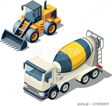 Isometric vector illustration of a bulldozer and concrete mixer truck - construction vehicles 125808847