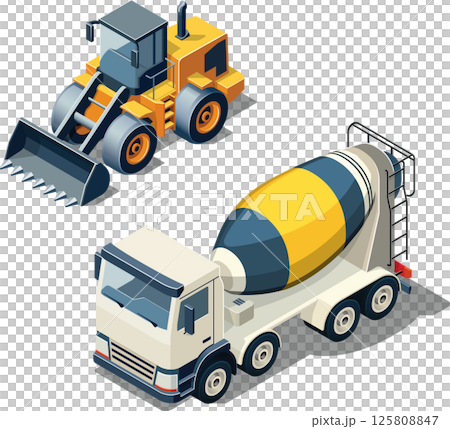 Isometric vector illustration of a bulldozer and concrete mixer truck - construction vehicles 125808847
