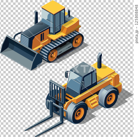 Isometric vector illustration of a bulldozer and forklift - construction vehicles 125808848