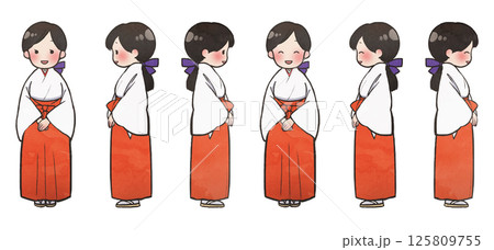 イラスト素材：手描き風笑顔の巫女さんセット 125809755