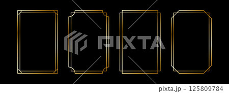 Thin metallic rectangle frame set. Shiny gold foil border collection. Golden glowing geometric boarder bundle in art deco style. Rectangular element pack for photo, cadre, card, emblem, label. Vector 125809784