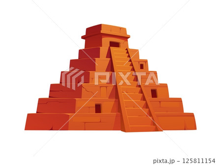 Cartoon ancient Aztec pyramid with stairs and cracks. Vector historical Mexican temple game icon asset with red bricks and stepped architecture. Sacred Maya or Inca landmark monument in warm colors Cartoon ancient Aztec pyramid with stairs and cracks. Vector historical Mexican temple game icon asset with red bricks and stepped architecture. Sacred Maya or Inca landmark monument in warm colors 125811154