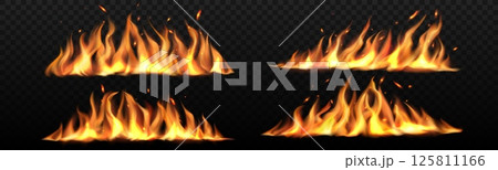 Realistic fire flame trails, long burning tongues of flame with particles, flying sparks and embers. Burning blaze effect, glowing shining flare border, isolated 3d fire or bonfire shining and blazing Realistic fire flame trails, long burning tongues of flame with particles, flying sparks and embers. Burning blaze effect, glowing shining flare border, isolated 3d fire or bonfire shining and blazing 125811166