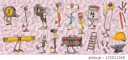 Groovy building, DIY and repair tool characters. Retro hippie hammer, toolbox paint, brush and roller vector personages. Cartoon groovy helmet, axe, spatula and saw, funny renovation tool characters Groovy building, DIY and repair tool characters. Retro hippie hammer, toolbox paint, brush and roller vector personages. Cartoon groovy helmet, axe, spatula and saw, funny renovation tool characters 125811168