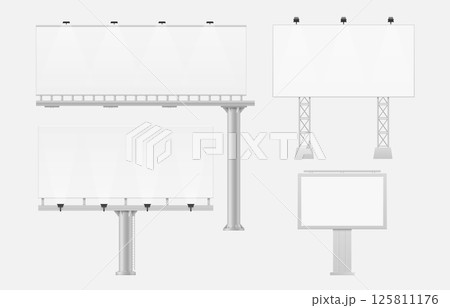 Outdoor billboard, street media panels. isolated 3d vector mockups of large scale illuminated displays for presenting advertising or design concepts. Realistic commercial boards for ads presentation 125811176