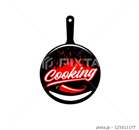 Cook pan icon for kitchen chef food or restaurant and gourmet cuisine, vector symbol. Cooking school icon of pan for gastro bar or BBQ grill menu with chili pepper and fire flames on skillet pan 125811177