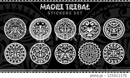 Maori tribal tattoo sticker pack of vector circles with polynesian geometric pattern, sun, moon and monster faces. Maori, samoan, aztec or mayan ethnic ornament round monochrome tattoo stickers set 125811178