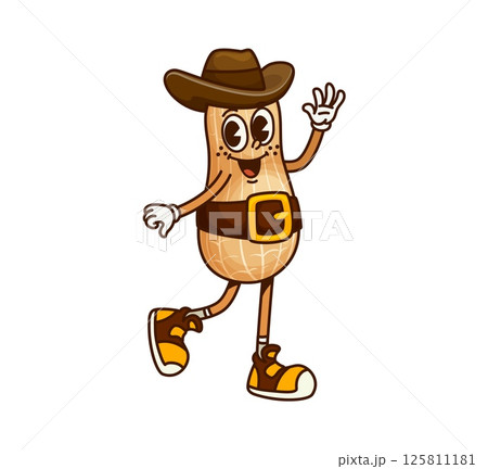 Cartoon groovy peanut cowboy or bandit character. Funny vector groundnut pod ranger or robber retro y2k personage. Western fantasy seed gangster wears belt, hippie sneakers and hat ready for adventure 125811181