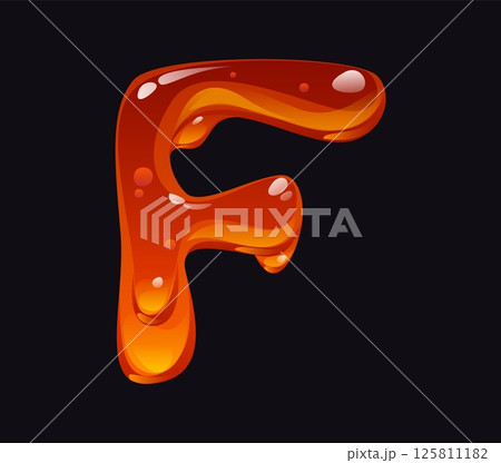 Flowing honey cartoon font letter F. Sweet caramel cartoon English alphabet type symbol, tasty candy vector font sign. Yellow amber flow ABC letter or liquid honey typeset element 125811182