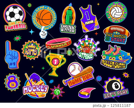 Funky sporting y2k groovy stickers, sport retro labels. Vector sport game and fitness badges of retro y2k football, basketball and volleyball balls. Roller skaters, baseball bat and ball stickers set Funky sporting y2k groovy stickers, sport retro labels. Vector sport game and fitness badges of retro y2k football, basketball and volleyball balls. Roller skaters, baseball bat and ball stickers set 125811187