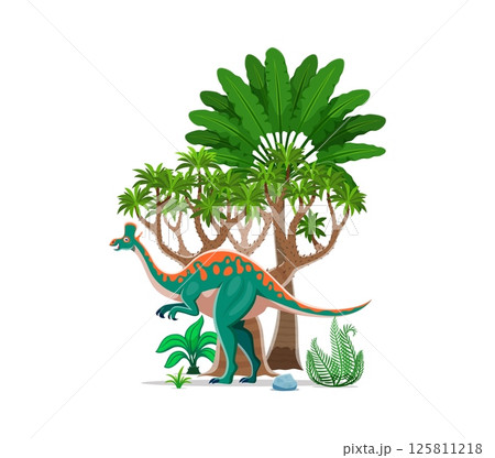 Lambeosaurus prehistoric dinosaur character. Cartoon vector colorful herbovore duck billed dino, ancient reptile in a lush, vibrant tropical landscape with palm tree, green bush, rock and fern plants 125811218