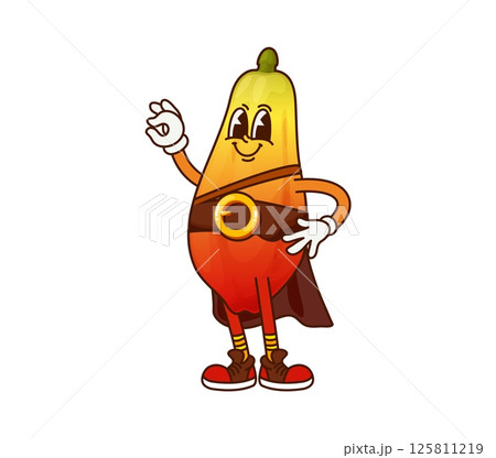 Pirate captain papaya raw fruit groovy funny character. Pirate bandit sweet natural fruit vintage cartoon happy character, corsair sailor raw tropical fruit 60s 70s groovy vector cheerful mascot 125811219