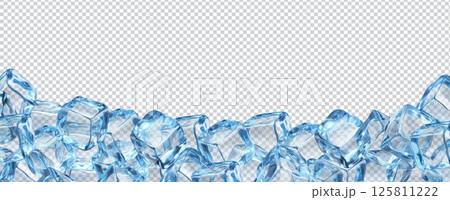 Realistic ice cubes background with crystal blocks. 3d vector frame, isolated border of blue transparent frozen water pieces. Glass or icy solid pieces, template for drink ads with clean square blocks 125811222