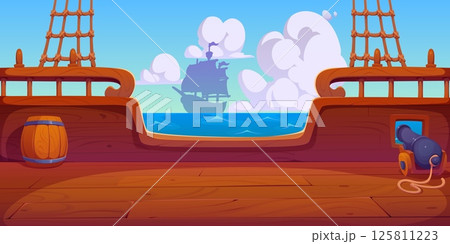 Pirate ship wooden deck game background with cannon, barrel and rope. Cartoon vector corsair shipboard environment with sea view, sailing vessel silhouette on horizon and dramatic clouds in blue sky Pirate ship wooden deck game background with cannon, barrel and rope. Cartoon vector corsair shipboard environment with sea view, sailing vessel silhouette on horizon and dramatic clouds in blue sky 125811223