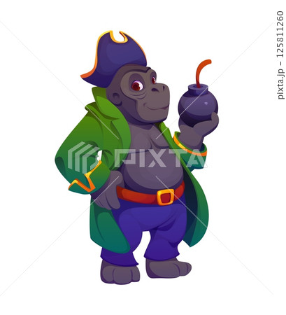 Cartoon gorilla monkey animal pirate or corsair character holding a lit bomb with a mischievous smile. Isolated vector menacing ape dressed as a nautical rover ready to embark on plundering sea voyage 125811260