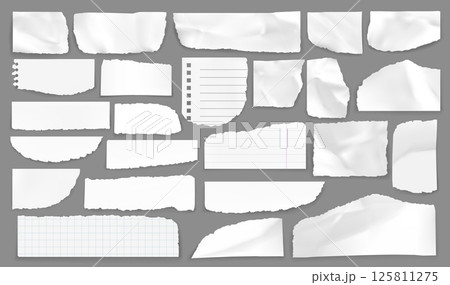 White torn paper rip pieces. Realistic 3d vector ripped blank scraps and scrapbook notes with lines and checkers. Perforated ragged textured memo sheets with spiral holes. Isolated notebook shreds set White torn paper rip pieces. Realistic 3d vector ripped blank scraps and scrapbook notes with lines and checkers. Perforated ragged textured memo sheets with spiral holes. Isolated notebook shreds set 125811275