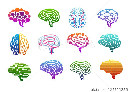 Human brain icons, mind and creative idea, science, knowledge and education, smart technology and artificial intelligence vector concept. Human head brain icons with abstract circuit and maze patterns Human brain icons, mind and creative idea, science, knowledge and education, smart technology and artificial intelligence vector concept. Human head brain icons with abstract circuit and maze patterns 125811286