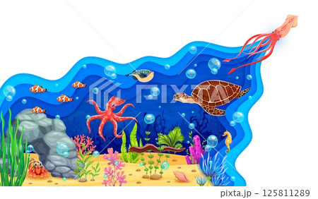 Cartoon paper cut underwater landscape with sea animals and fish on coral reef bottom vector background. Octopus sea turtle, squid and seahorse characters with seaweed and bubbles underwater landscape 125811289