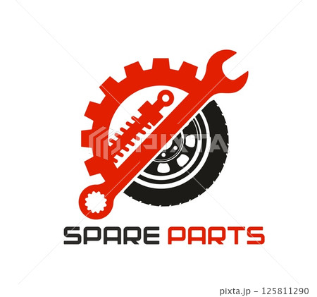 Auto mechanic spare part business icon. Transportation industry garage equipment vector symbol, vehicle repair service tools icon. Auto mechanic service sign with wrench, wheel and suspension spring 125811290