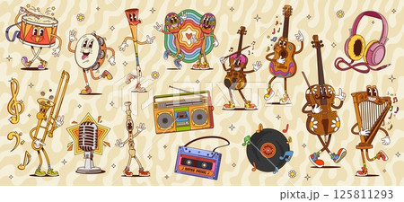 Cartoon groovy musical characters. Psychedelic music instrument vector personages, vinyl record, microphone, radio, cassette and headphones. Hippie guitar, violin, drum, flute, trumpet, harp and cello 125811293
