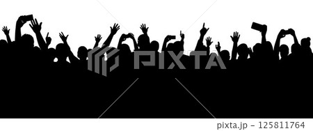 Cheering crowd at a rock concert, Concert crowd, people enjoying great concert silhouette Cheering crowd at a rock concert, Concert crowd, people enjoying great concert silhouette 125811764