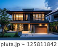Modern Two Storey House with Stone Facade and Wooden Garage Door 125811842