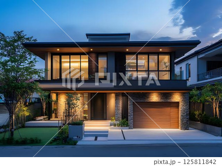 Modern Two Storey House with Stone Facade and Wooden Garage Door 125811842
