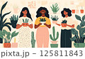 Three Friends Holding Potted Plants In Home Decor Illustration 125811843
