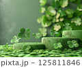 Green podiums with clovers against blurred background 125811846