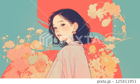 花柄の背景と振り向く女性 花柄の背景と振り向く女性 125811951