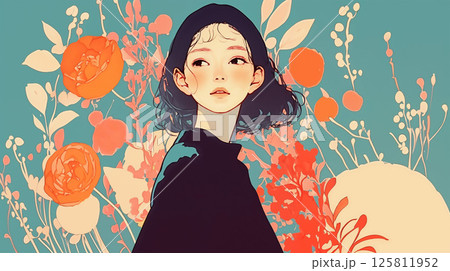 花柄の背景と振り向く女性 花柄の背景と振り向く女性 125811952