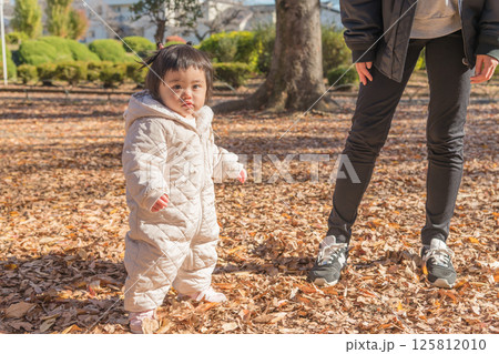【落ち葉で敷き詰められた冬の公園で遊ぶ1歳児　立つ】 125812010