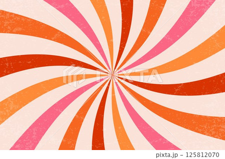 Spiral retro pattern background. Swirl groovy vector rays. Psychedelic radial burst with grunge texture. 70s starburst hypnotic illustration. Vintage circular colorful bg. 125812070