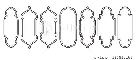 Ramadan frame shapes. Window Arabic arc outline elements. Door design with Turkish ornament. Muslim oriental sticker template. Traditional decoration set for banner and badge. Ramadan frame shapes. Window Arabic arc outline elements. Door design with Turkish ornament. Muslim oriental sticker template. Traditional decoration set for banner and badge. 125812163