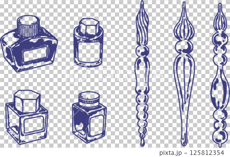 Glass pen and bottle ink line drawing illustration set 125812354