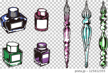 Glass pen and bottle ink illustration set 125812355