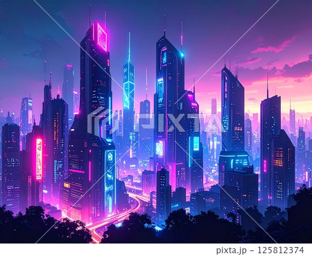 夕暮れの近未来ネオン都市風景 夕暮れの近未来ネオン都市風景 125812374