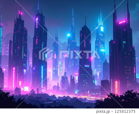 夕暮れの近未来ネオン都市風景 125812375