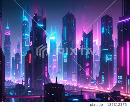 夕暮れの近未来ネオン都市風景 125812376
