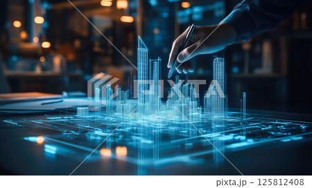 An architect brings architectural designs to life with 3D holographic construction models. The concept of innovation in architecture and futuristic design. Generative Ai. 125812408