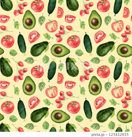 Seamless pattern. Hand drawn watercolor vegetables . cucumber, basil, tomato, organic, avocado, leaves. Illustration on beige background. For restaurant, kitchen, textile, fabric. 125812655
