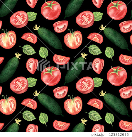 Watercolor seamless pattern of vegetables, tomato, cucumber, basil, hand drawn illustration on white background. For restaurant, kitchen, textile, fabric. 125812656