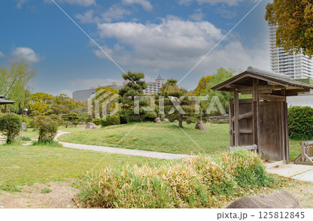 近代的なビルを背景した日本庭園（武蔵の庭園） 125812845
