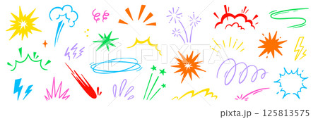 Cartoon comic element speed effect doodle line set. Comic boom motion, explosive energy, line speed cartoon vector graphic icon. Hand drawn cute sketch doodle effect. Vector 125813575