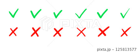 Check the mark icon set. Hand drawn doodle checklist correct, cross, ok vote sign element. Hand drawn brush stroke check mark with box, circle symbol icon set. Vector 125813577